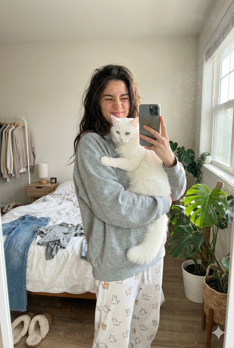 Candid Mirror Selfie with a Fluffy Cat 1