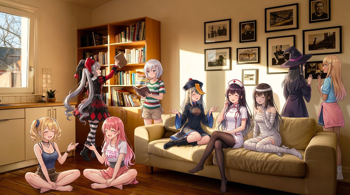 Nine-character group scene in living room background 1