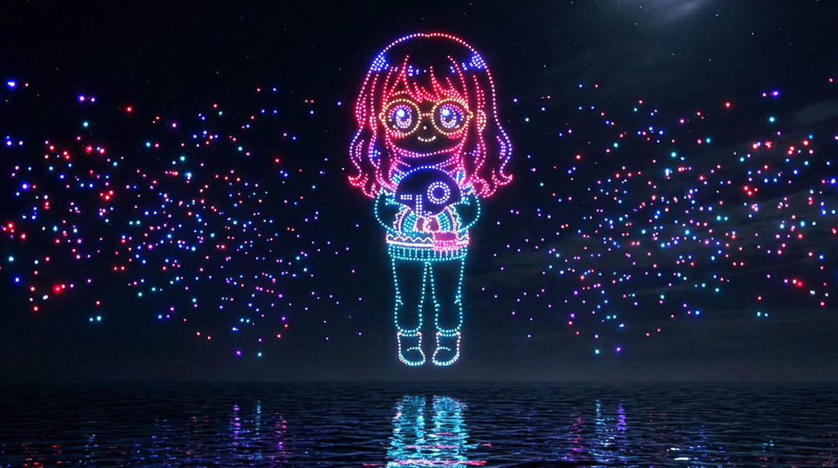 Drone Art Character Projection over Night Sea 1