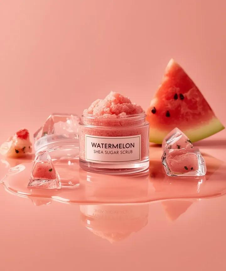 Hyper-photorealistic cosmetic skincare jar product shot with watermelon and ice cubes 1