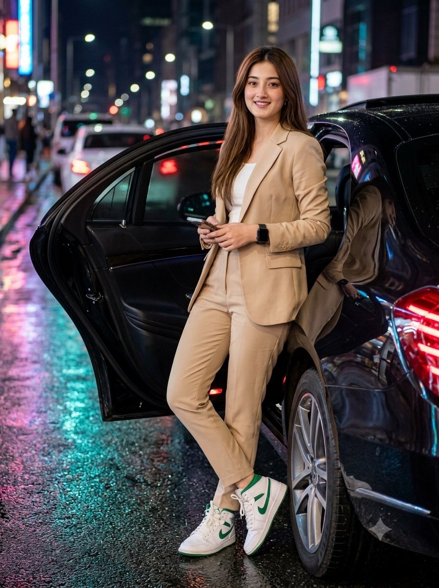 Elegant Woman with Luxury Sedan at Night 1