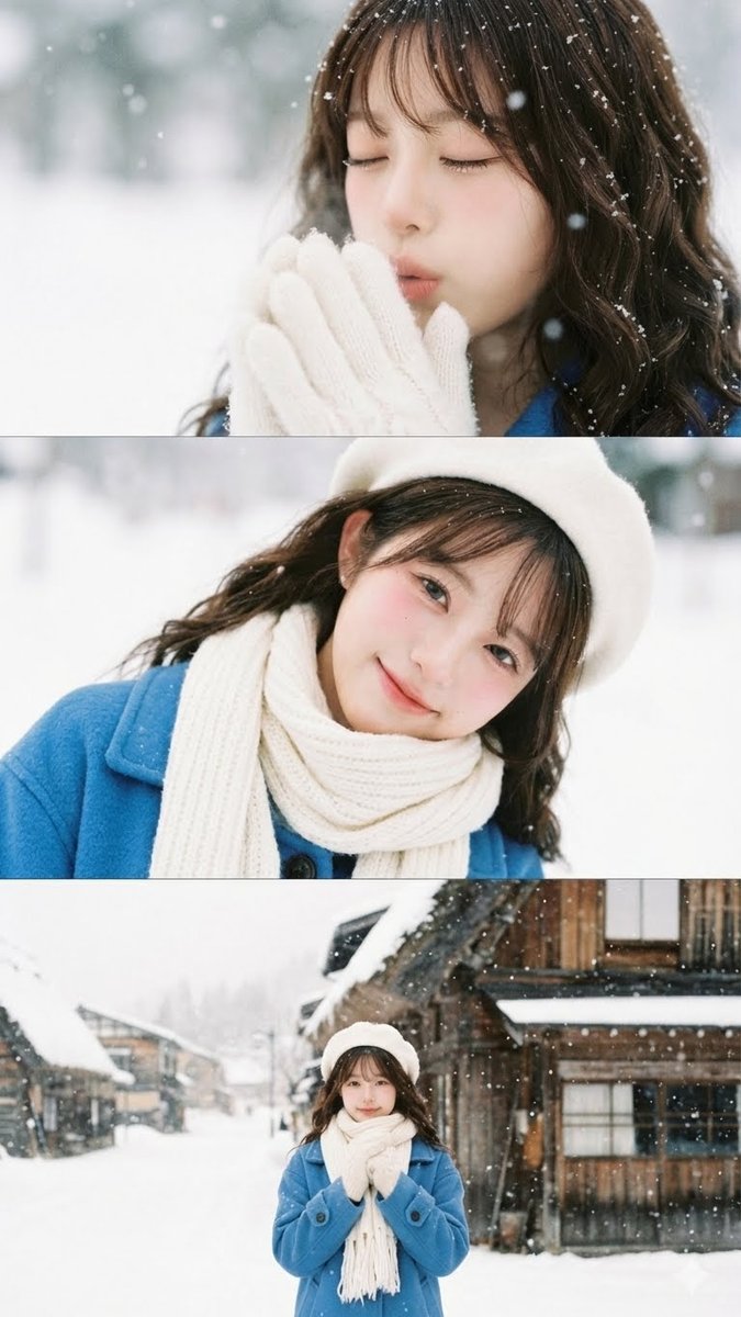 Vertical film strip collage of an Asian woman in a snowy Hokkaido setting 1
