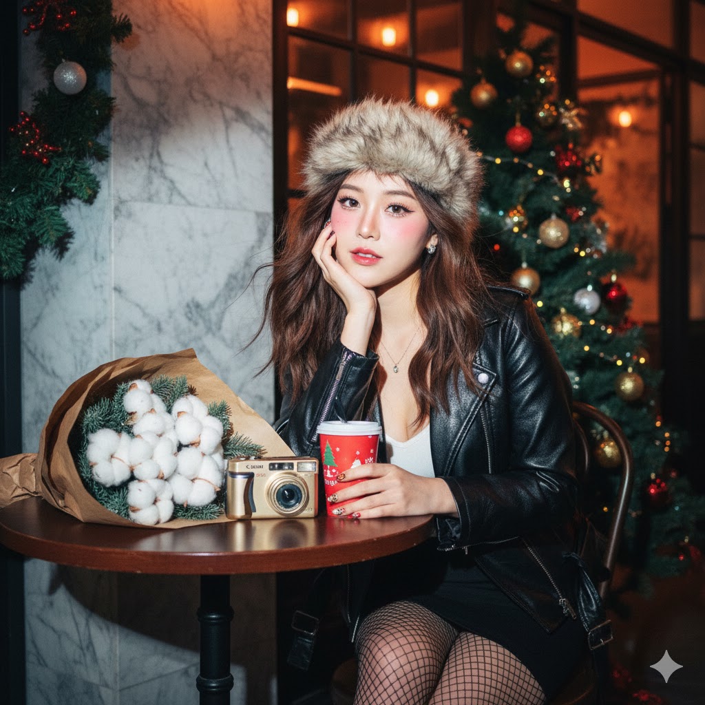 Y2K Flash Portrait at Christmas Cafe 1