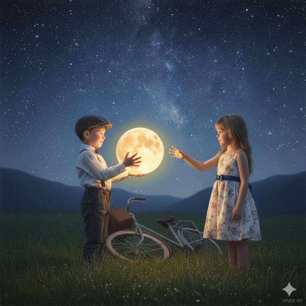 Whimsical Fantasy: Kids Holding a Glowing Moon (JSON) 1