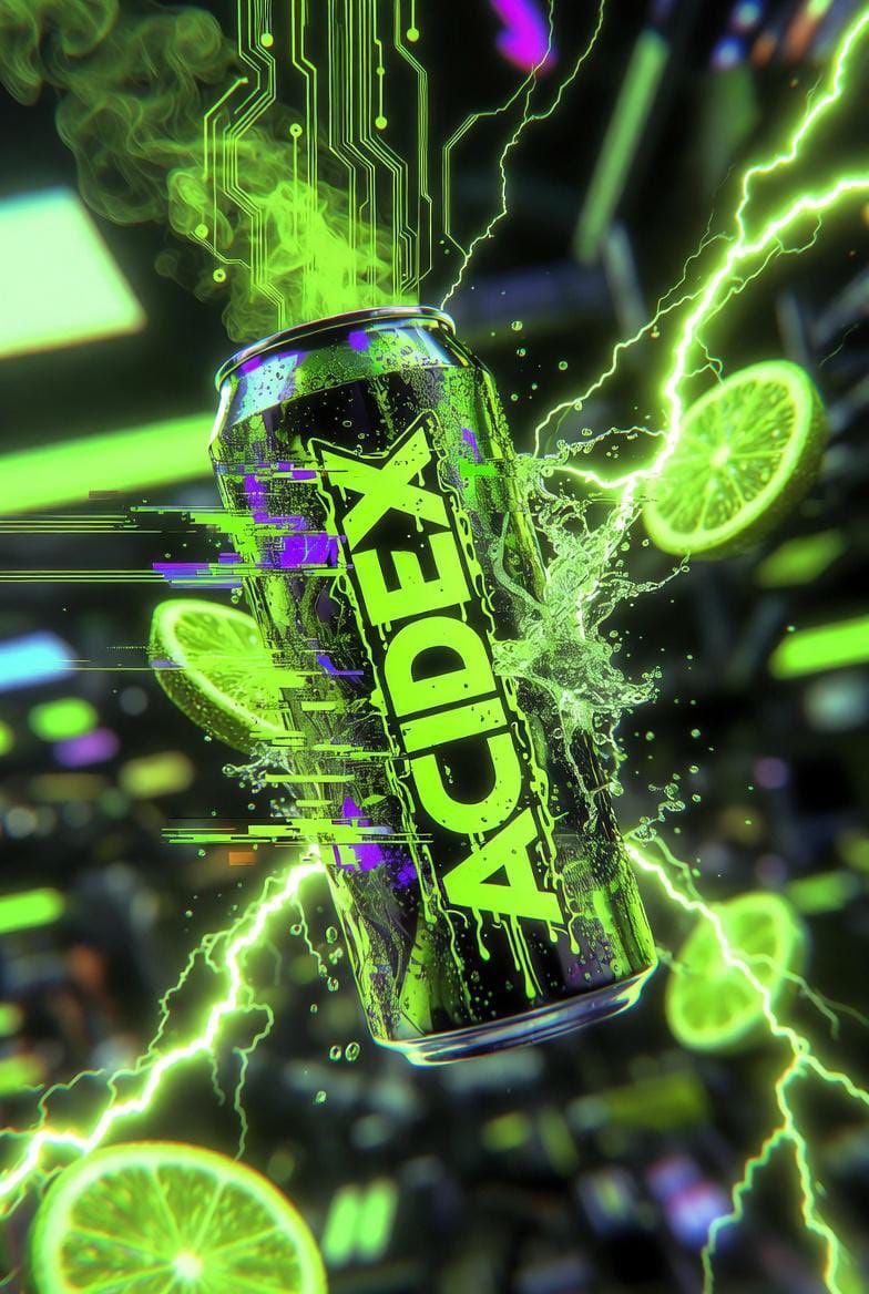Hyper-Realistic Neon Energy Drink Product Shot Prompt 3