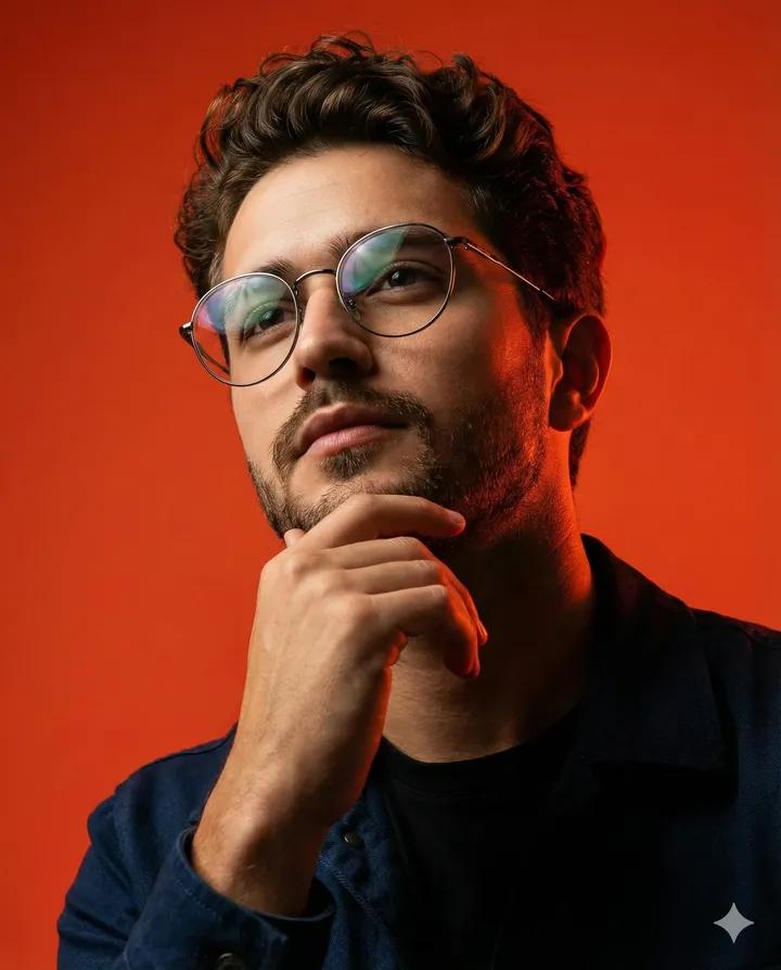 Dynamic Low-Angle Portrait with Orange-Red Background 1
