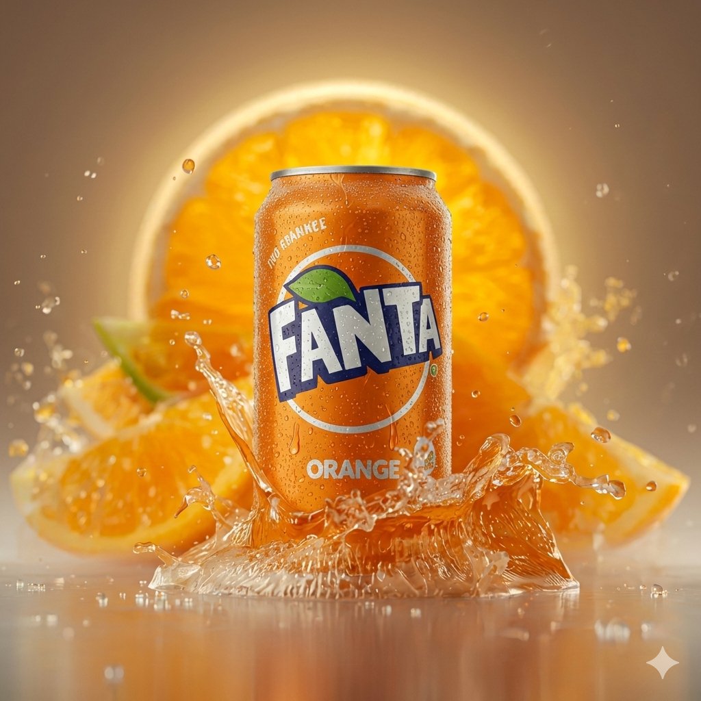 Hyper-realistic cinematic product shot of Fanta Orange can with exploding orange slices 3