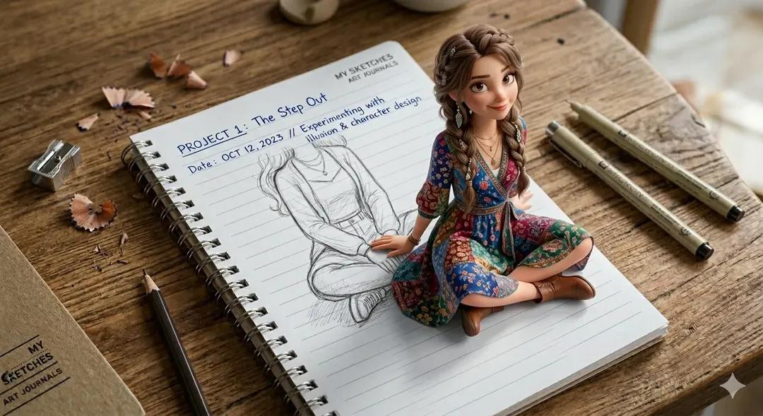 3D Pop-Out Illusion Artwork of a Girl from a Notebook 3