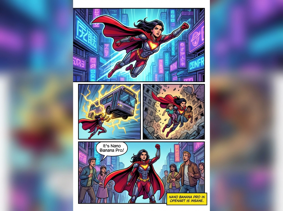 Marvel-style comic storyboard of a heroine 1