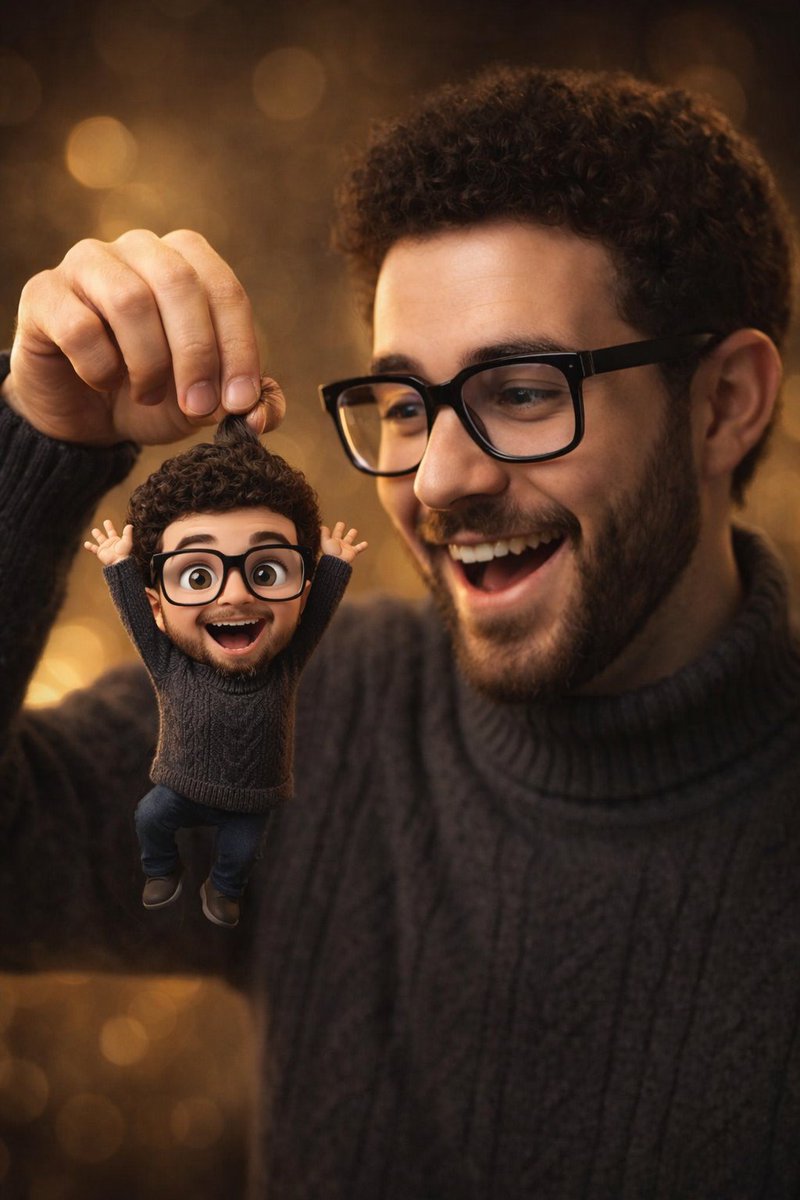 Photorealistic Subject Holding Miniature Cartoon Self 2