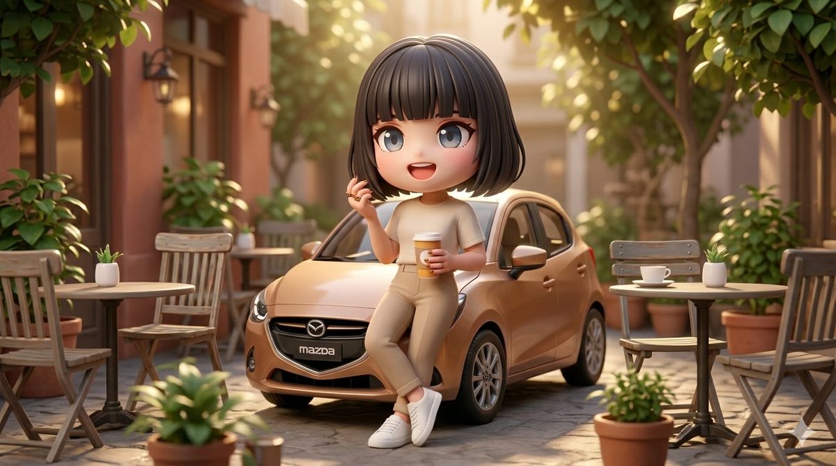 3D Stylized Woman with Mazda Hatchback 1