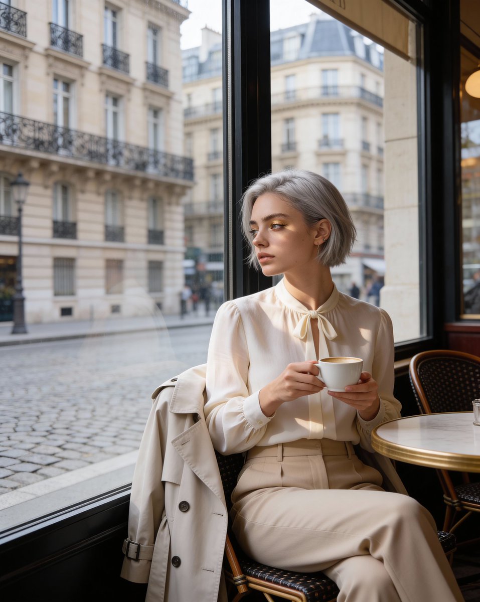 Candid Parisian Café Portrait with Silver Hair 2