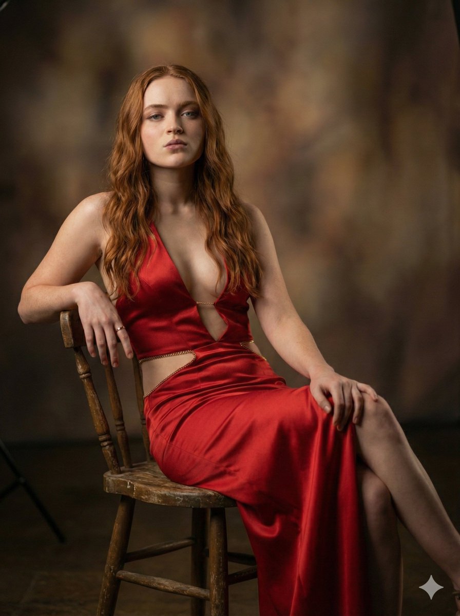 Ultra-Realistic Cinematic Portrait of Sadie Sink in Red Satin Gown 2