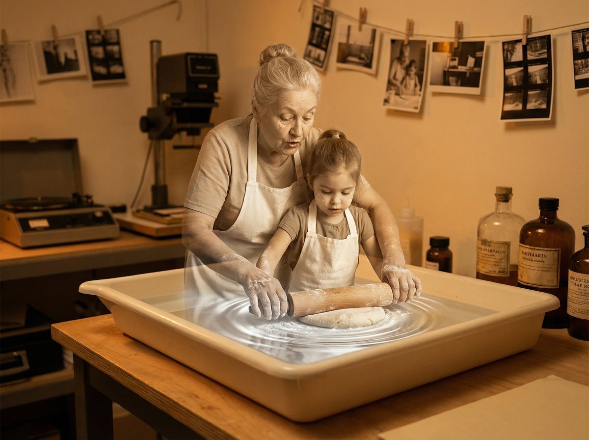 Vintage Photograph Developing in Darkroom with 3D Emergence 1