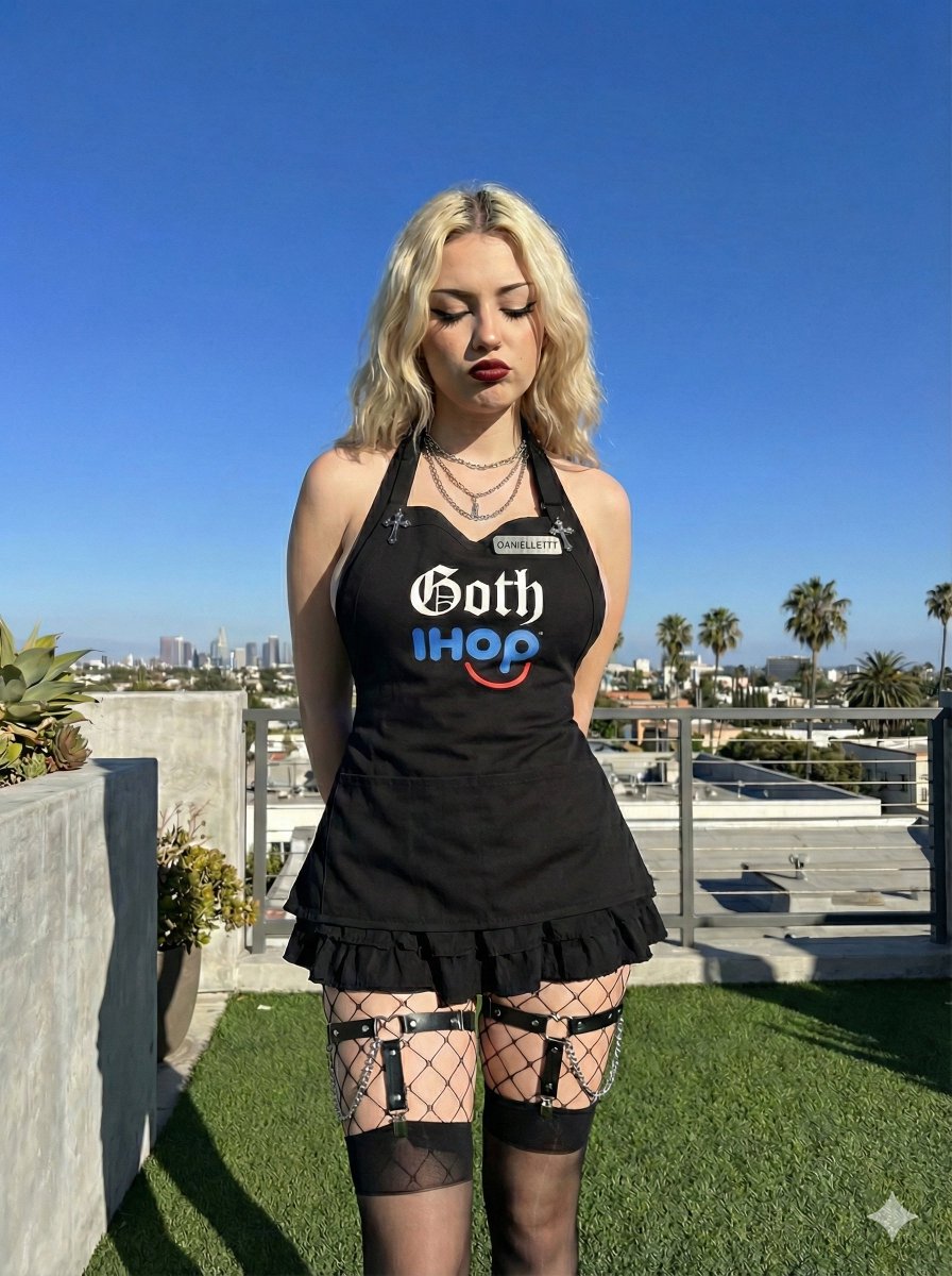 Goth IHOP Waitress Prompt: Rooftop Terrace Scene 1