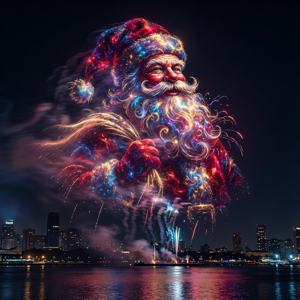 Santa Claus Fireworks over City Skyline 2