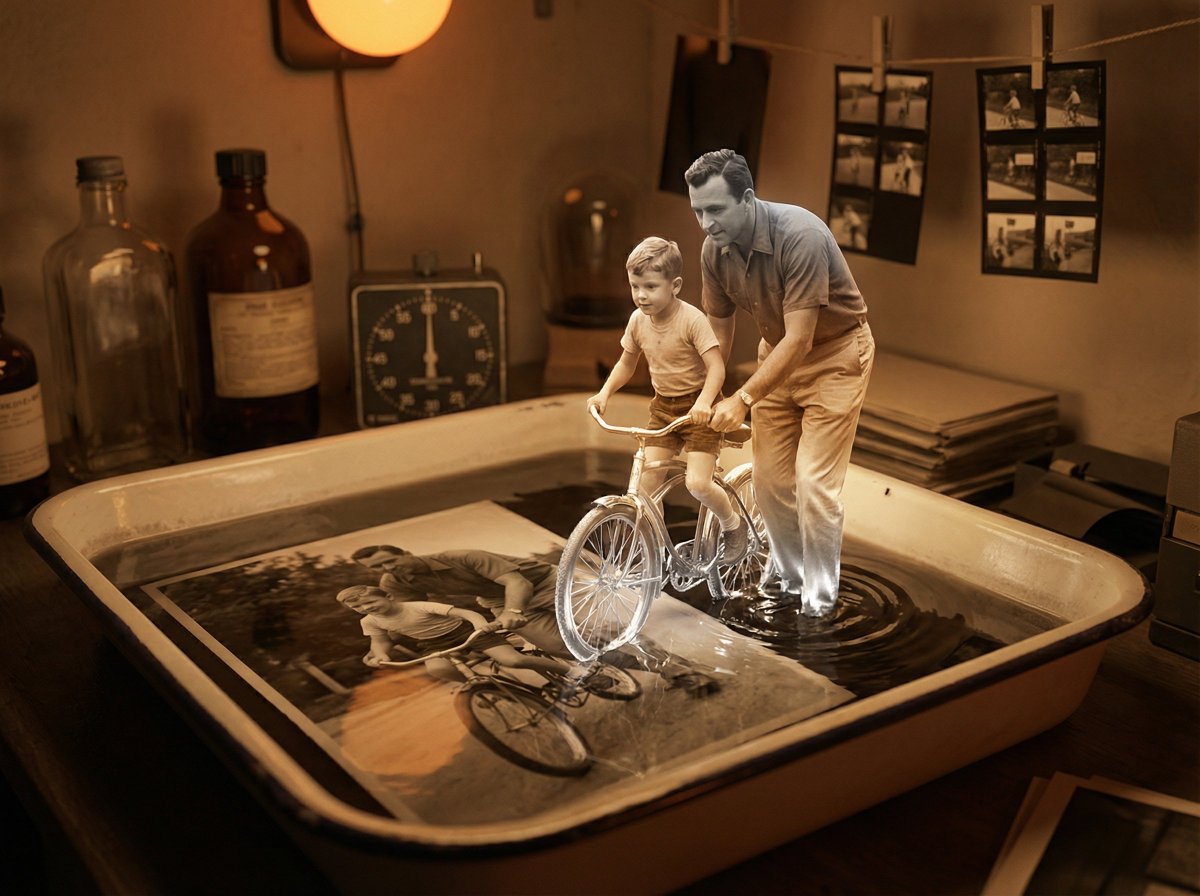 Vintage Photograph Developing in Darkroom with 3D Emergence 2