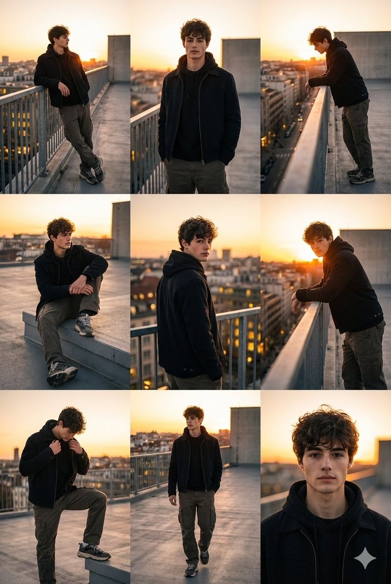 3x3 Cinematic Fashion Collage on a Rooftop at Sunset 1