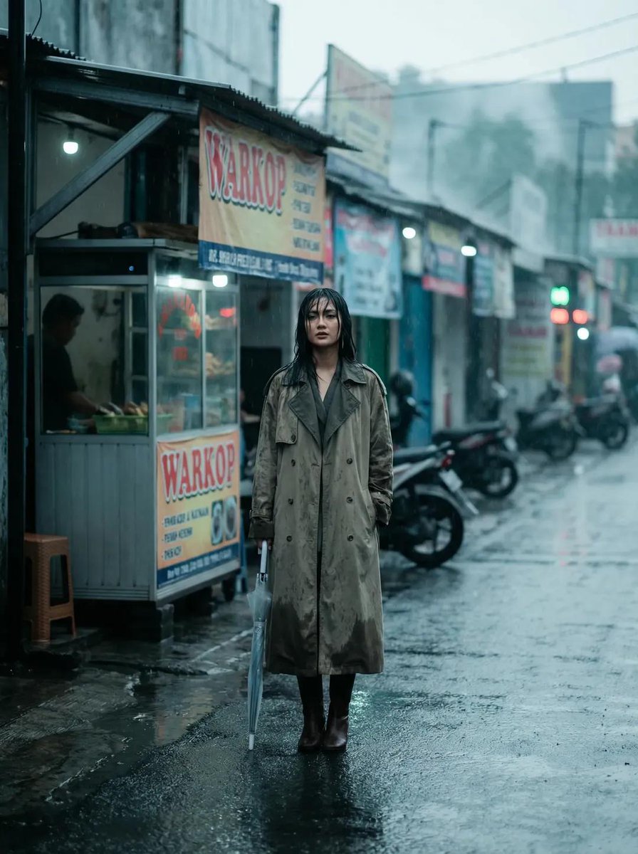 Rainy Indonesian Warkop Fashion Editorial Prompt 1