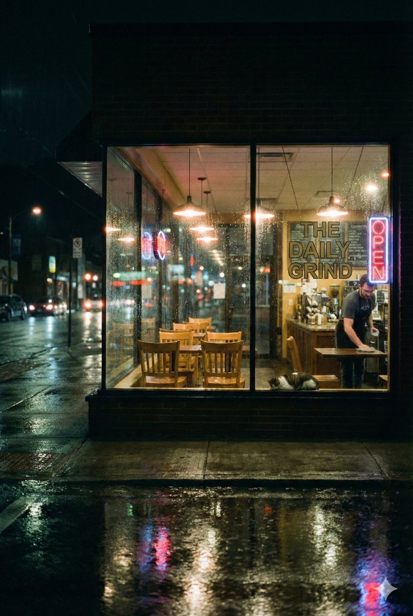 Cinematic Rainy Night Café Scene Prompt 1