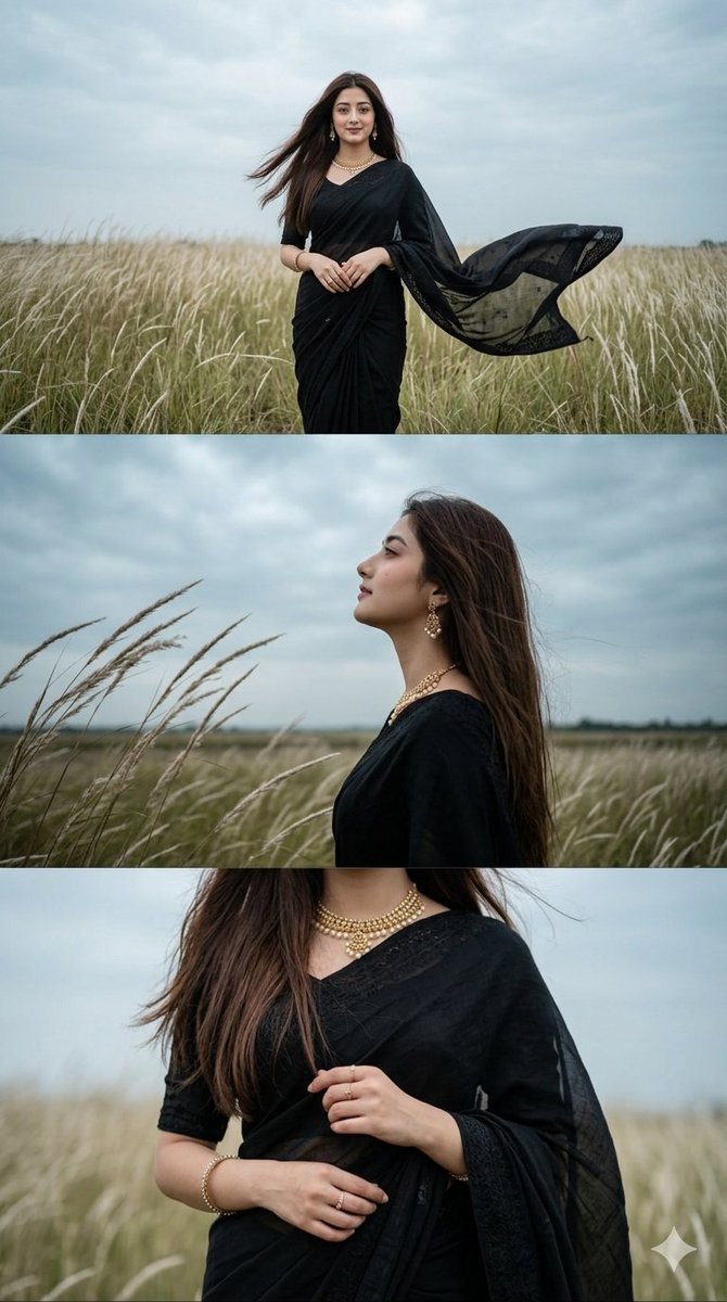 Black Saree Triptych Woman Portrait 1