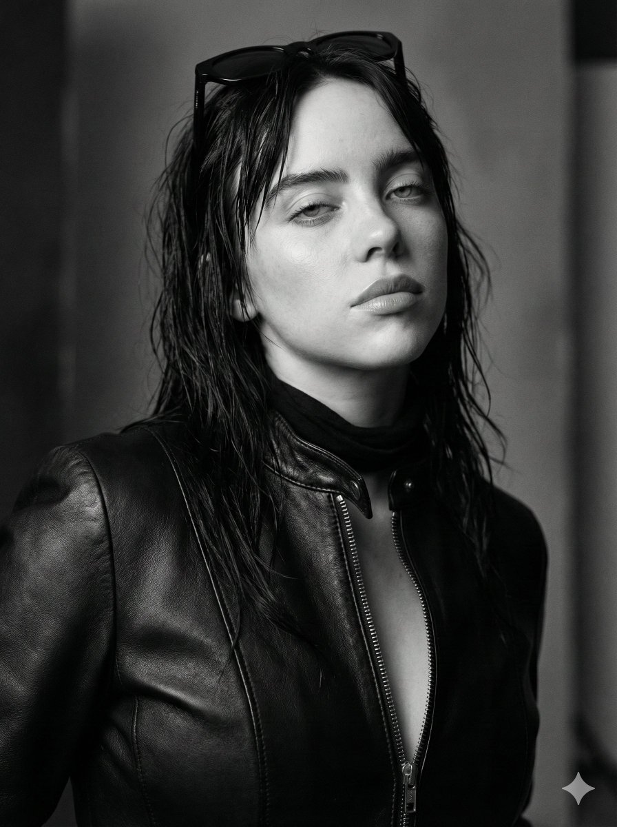 Monochrome Cinematic Fashion Portrait (Billie Eilish Likeness) 3