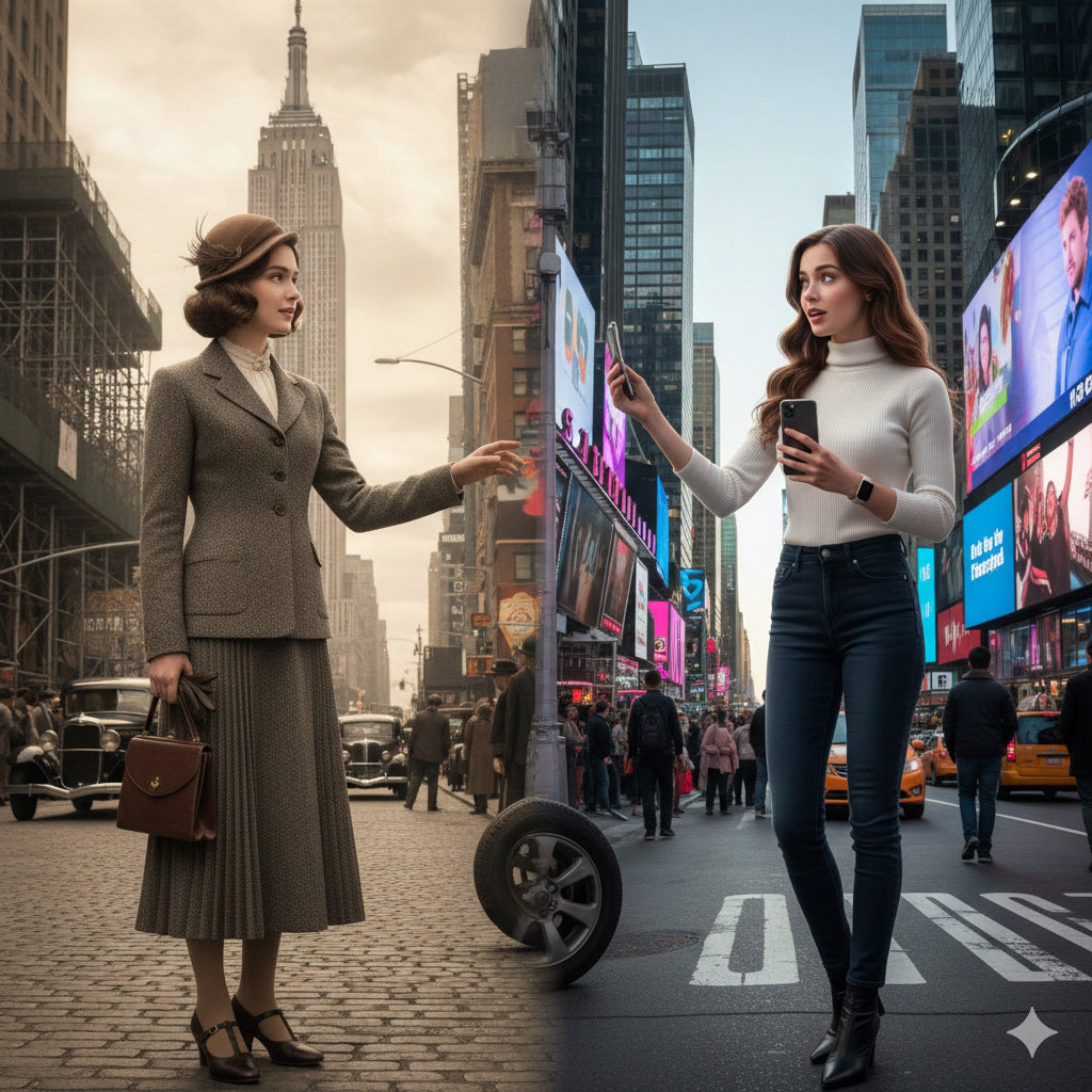 Split-Screen Cinematic Time Travel Prompt 1