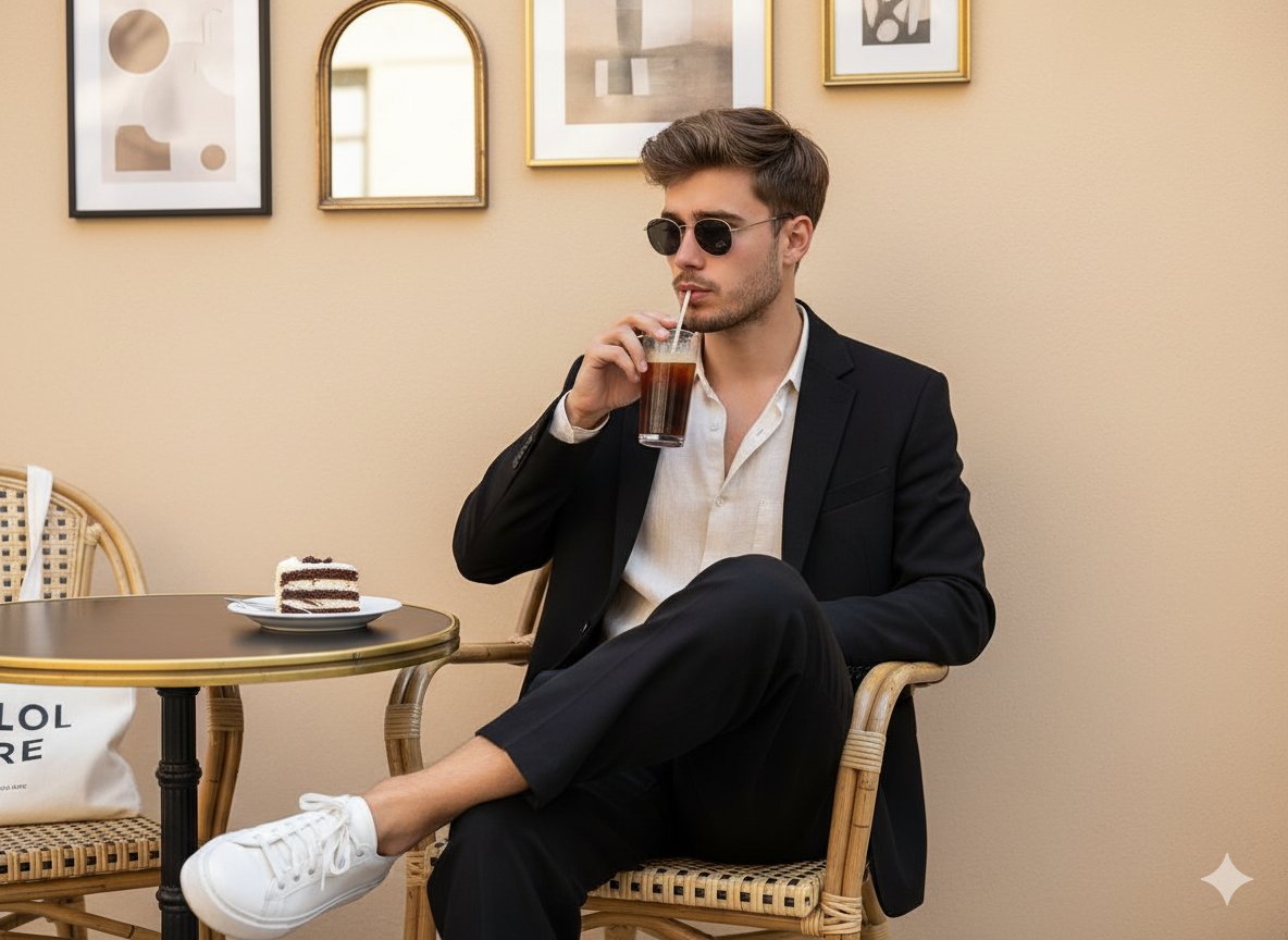Fashionable Man in Cafe with Cake and Platform Sneakers 2