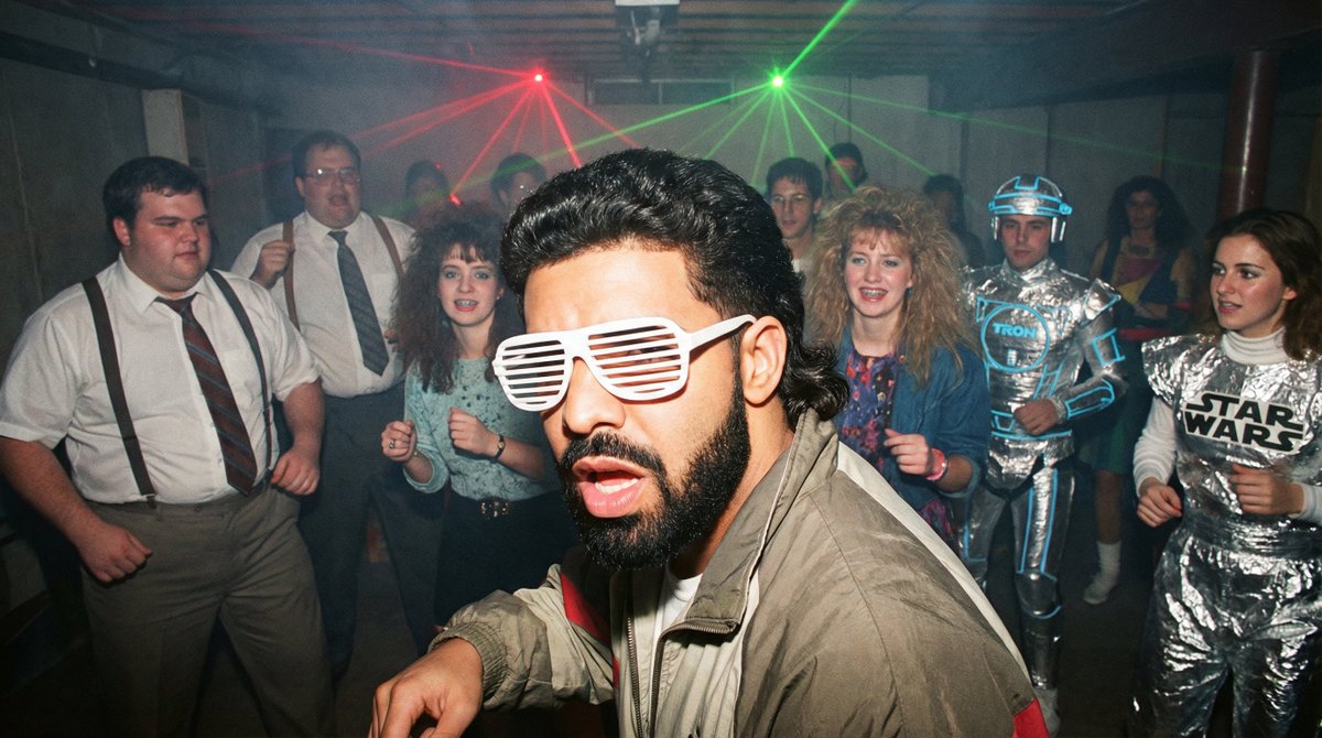 1980s underground nerd techno party flash photo prompt 2