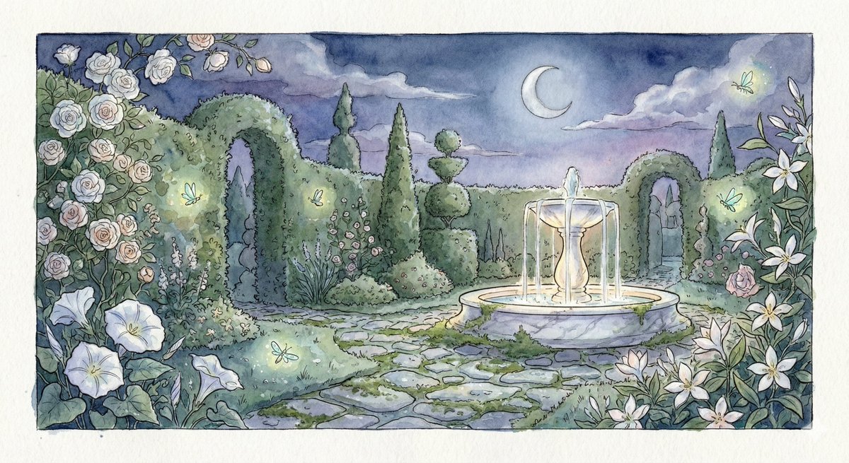 Watercolor Illustration of a Magical Garden at Midnight 1