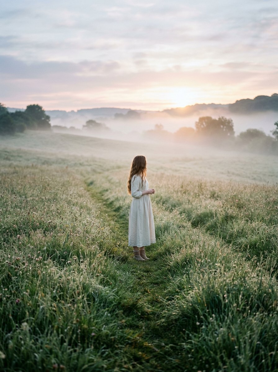 Cinematic Wide Shot of Girl in Dewy Meadow at Sunrise 1