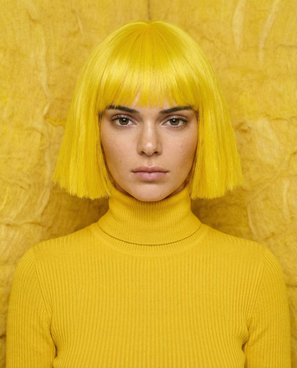 Monochromatic canary yellow portrait of Kendall Jenner in an isolation booth 2