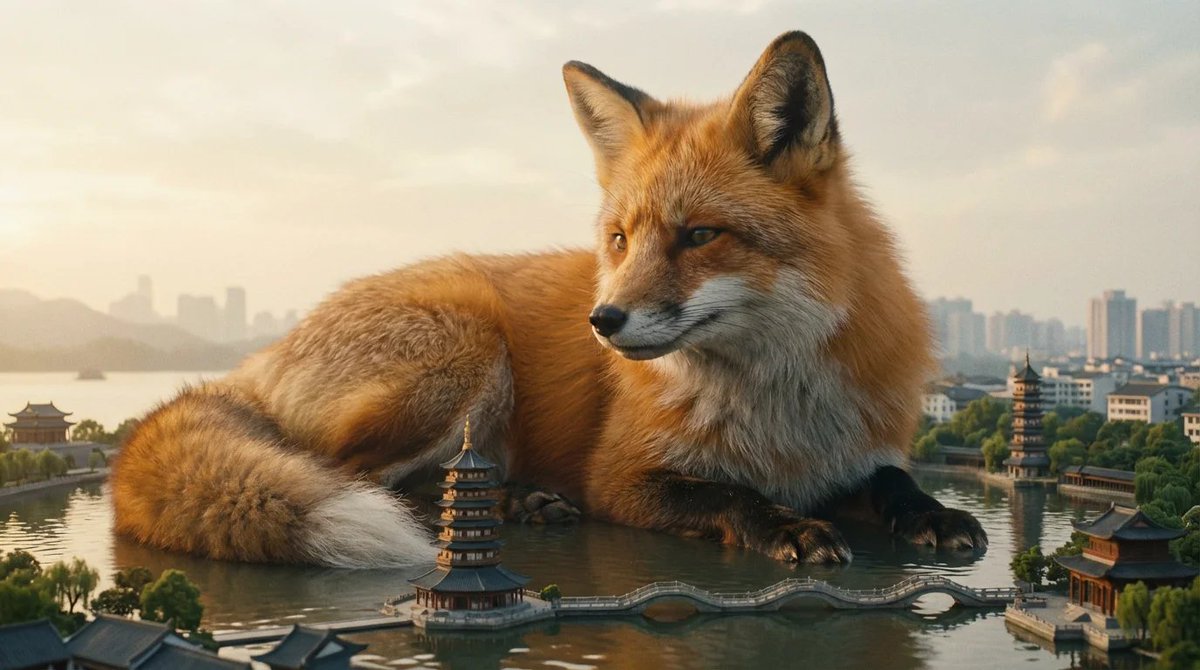 Giant Animal in City Scene Prompt (Fox + West Lake) 1
