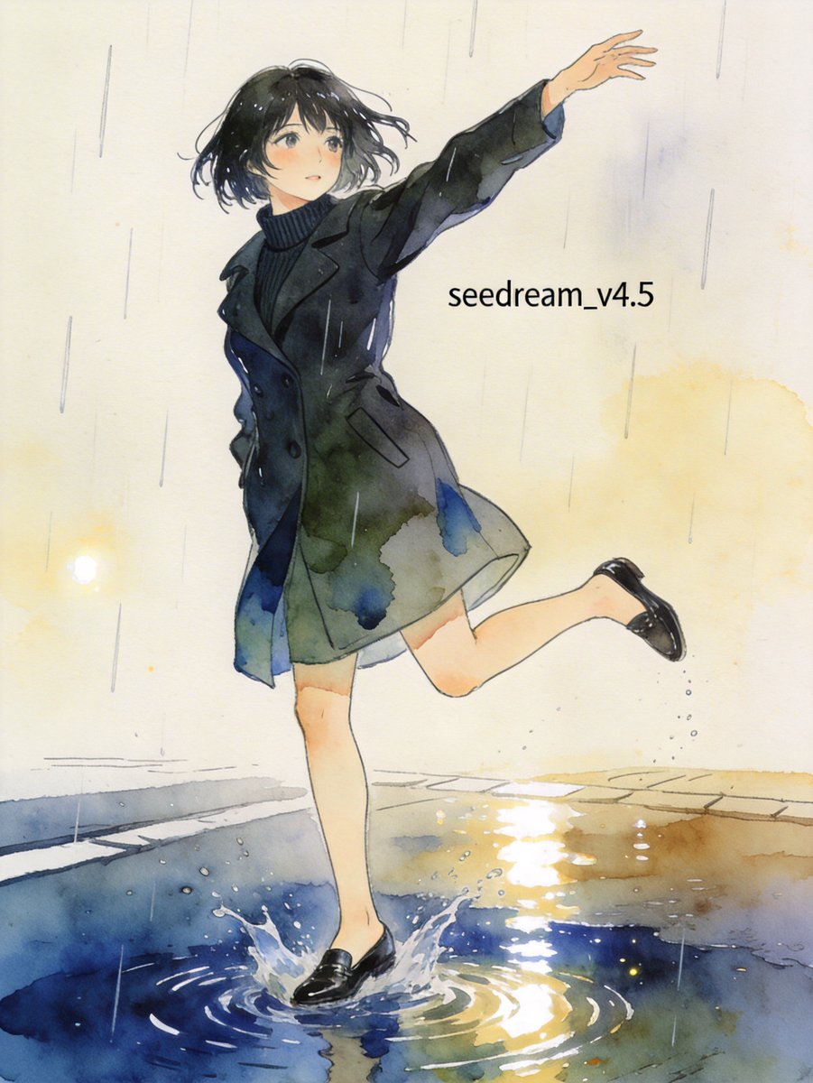 Ink pen style illustration of a woman jumping in the rain 4