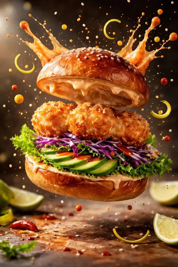 Cinematic Mid-Air Shrimp Burger Photo Prompt 2