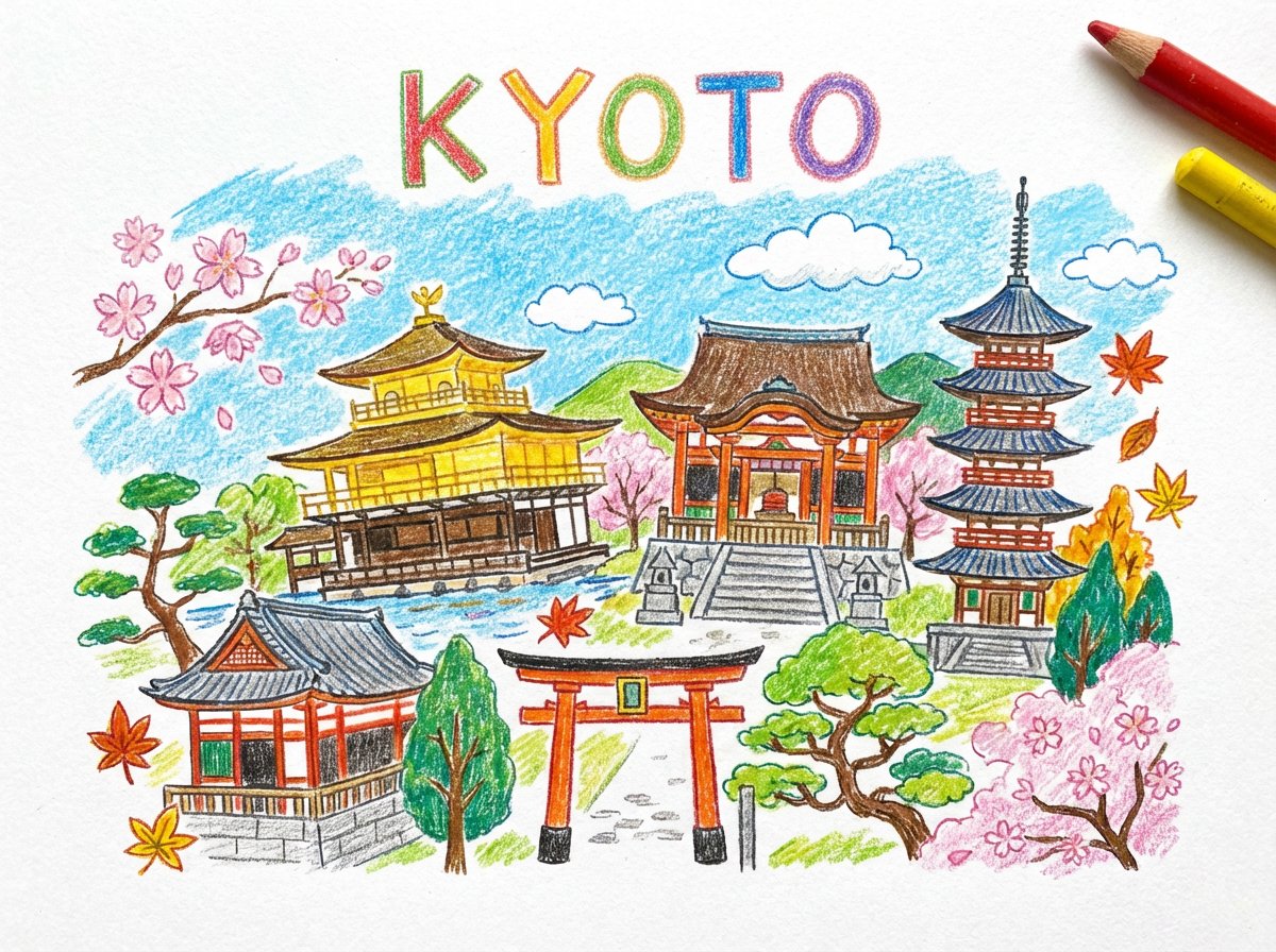 Child-like Crayon and Colored Pencil City Drawing 1