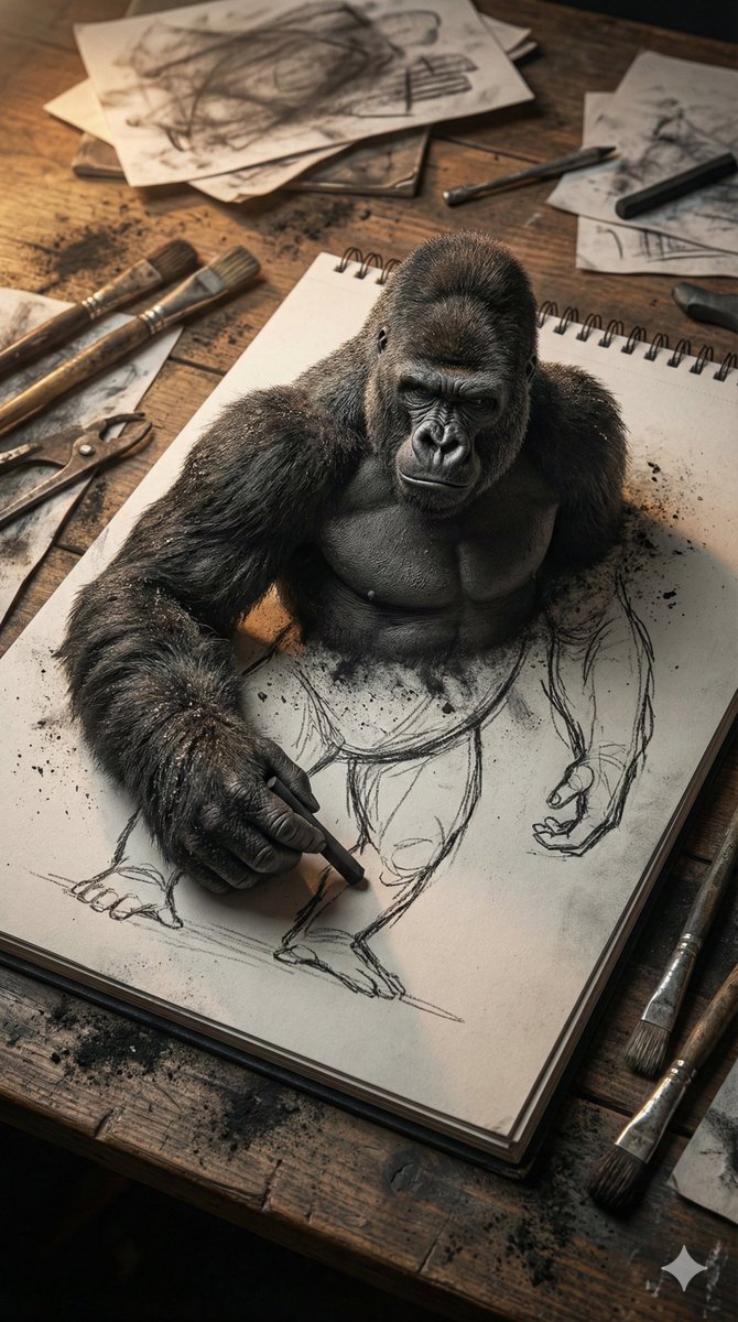 3D Gorilla Emerging from 2D Charcoal Sketch 3