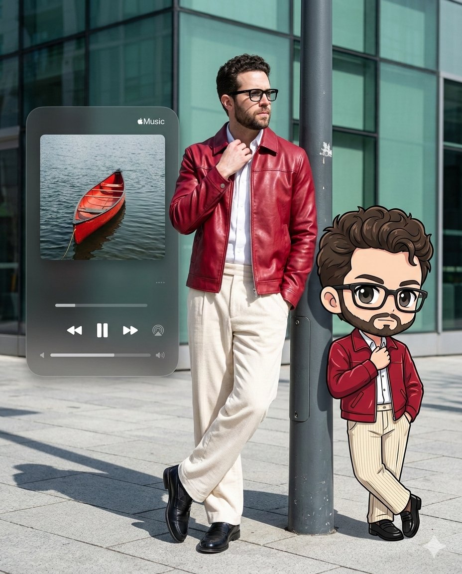 Photorealistic Self-Portrait with Chibi and UI Overlay Prompt 2