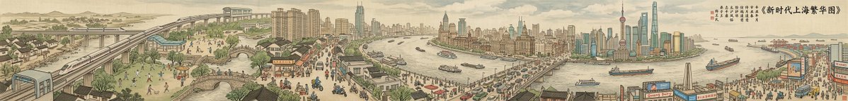 Panoramic Cityscape in Qingming Festival Scroll Style (8:1 Aspect Ratio) 1