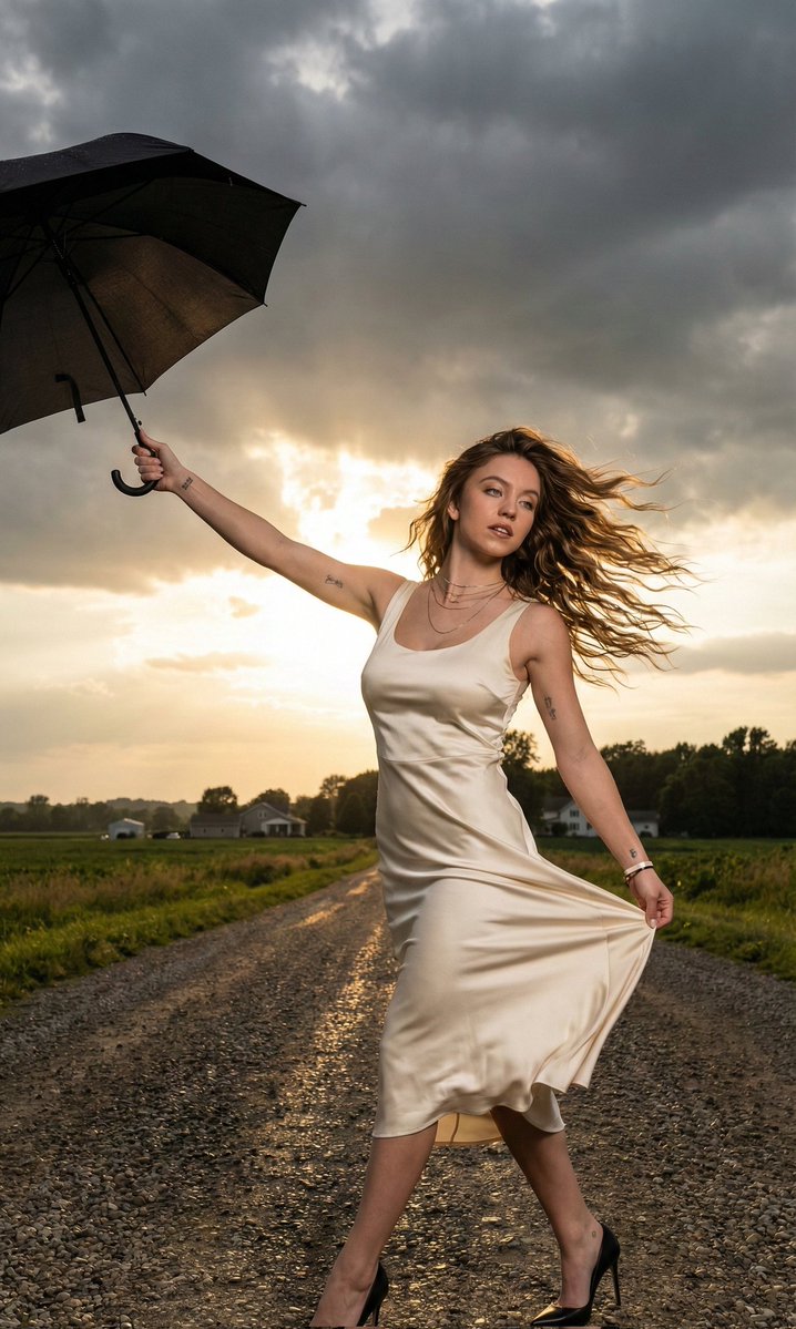 Cinematic Portrait of Sabrina Carpenter in a Stormy Rural Setting 2