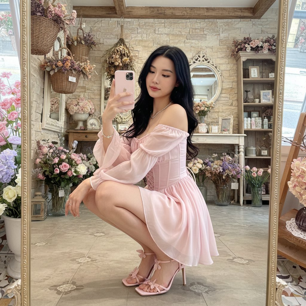 Fairy-Core Mirror Selfie in Floral Cafe (Structured) 1
