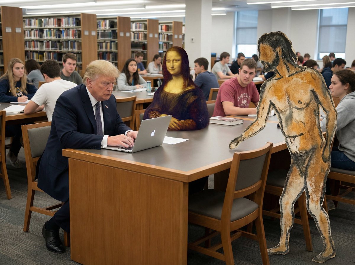 Surreal Library Scene with Trump, Mona Lisa, and Cave Art Hunter 1