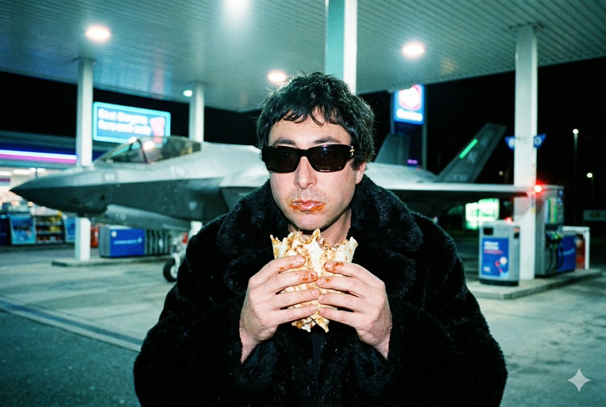 Grainy Paparazzi Snapshot of Man Eating Kebab at Gas Station with F-35 Jet 1