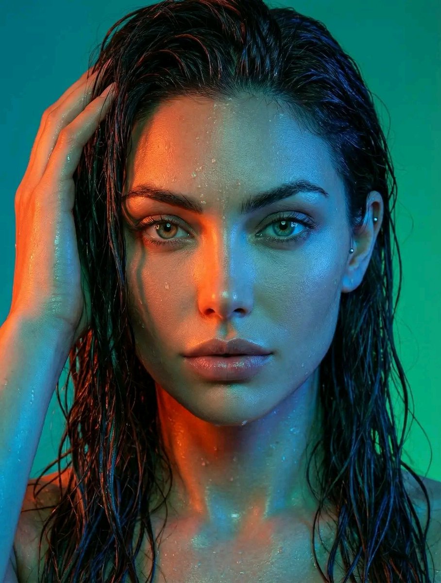 Dramatic Neon Portrait with Wet Hair and Color Contrast 2