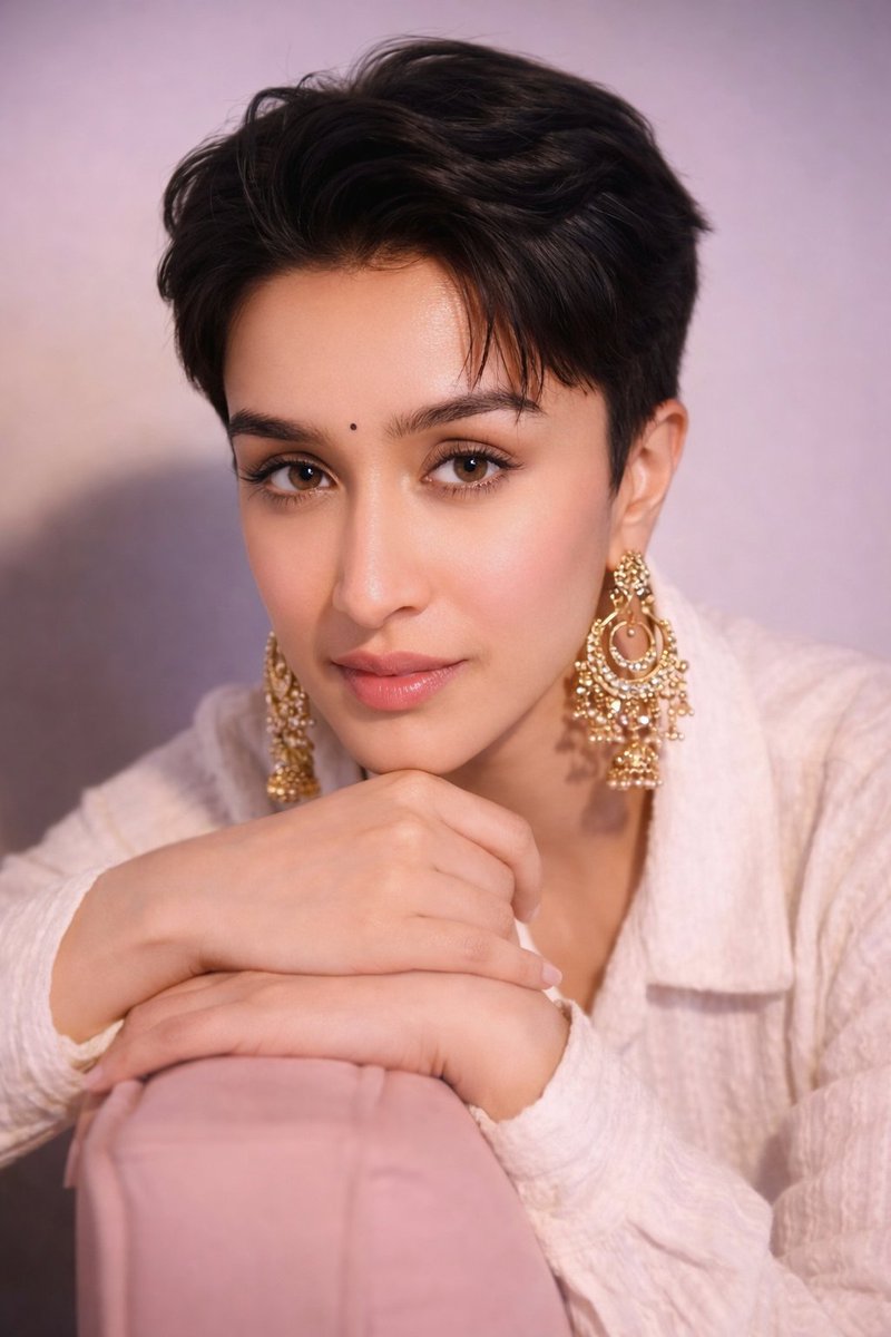 Portrait of Shraddha Kapoor with Pixie Cut and Jhumka Earrings 3