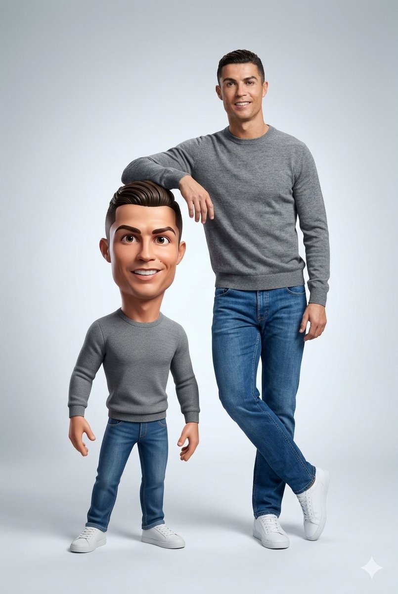 Ultra-Clean Realistic Human and Stylized 3D Caricature Composition Prompt 2