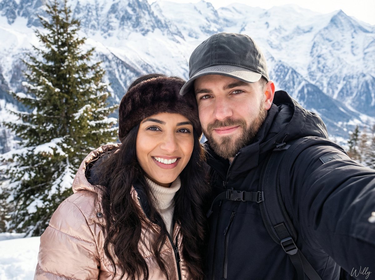 Happy Couple Snowy Mountain Selfie Prompt 1