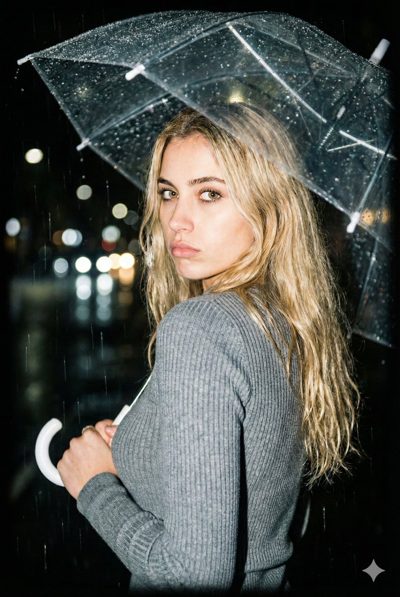 Nighttime Rainy Umbrella Portrait Prompt 1