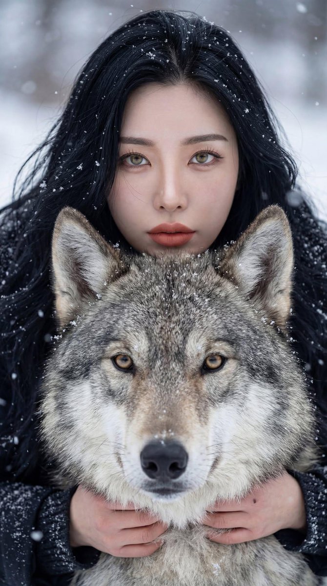Cinematic Winter Portrait: Woman and Wolf 2
