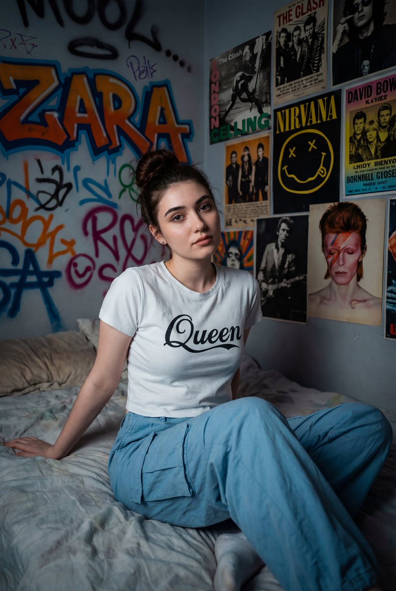 Cinematic Portrait of a Woman on a Messy Bed with Graffiti Background 1